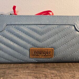 Wrangler Light Blue Quilted Wallet with Brown Logo Patch and Red Zipper Pull